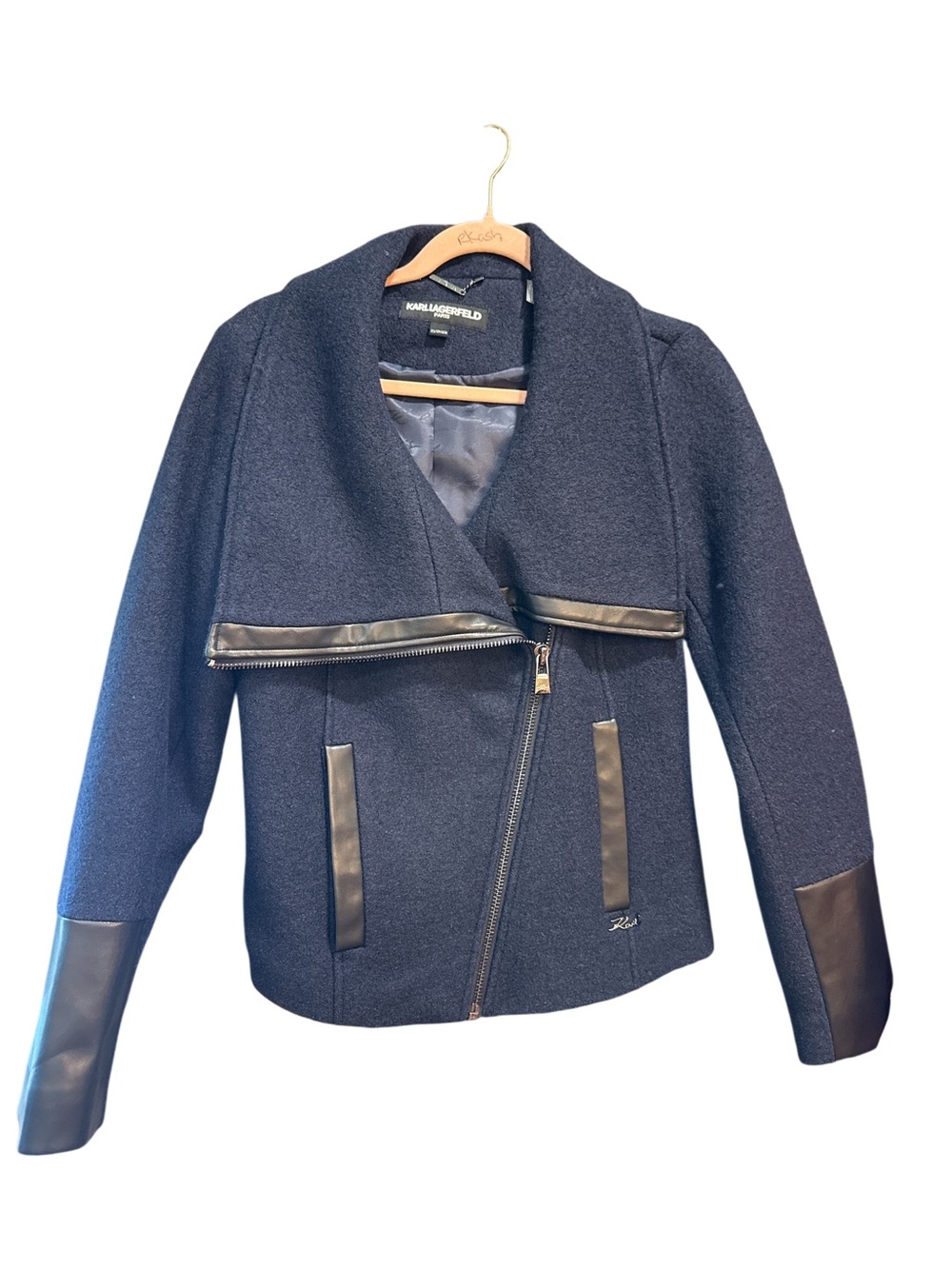 Karl Lagerfeld Navy Wool-Blend Asymmetrical Zip Jacket with Faux-Leather Trim